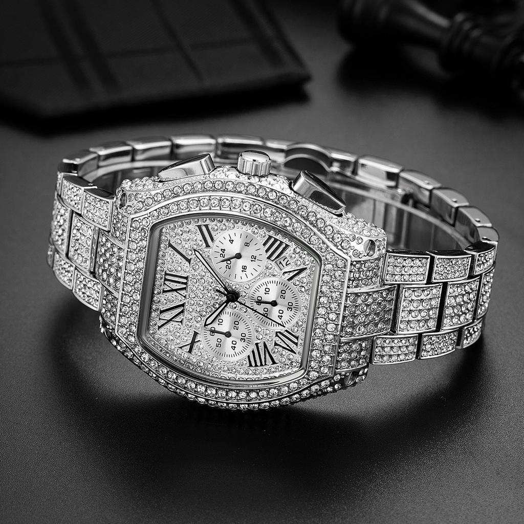 Gold Watch For Men Hip Hop Bling Bling Tonneau Quartz Watches For Large Man Waterproof Millerable Hand Clock Gift