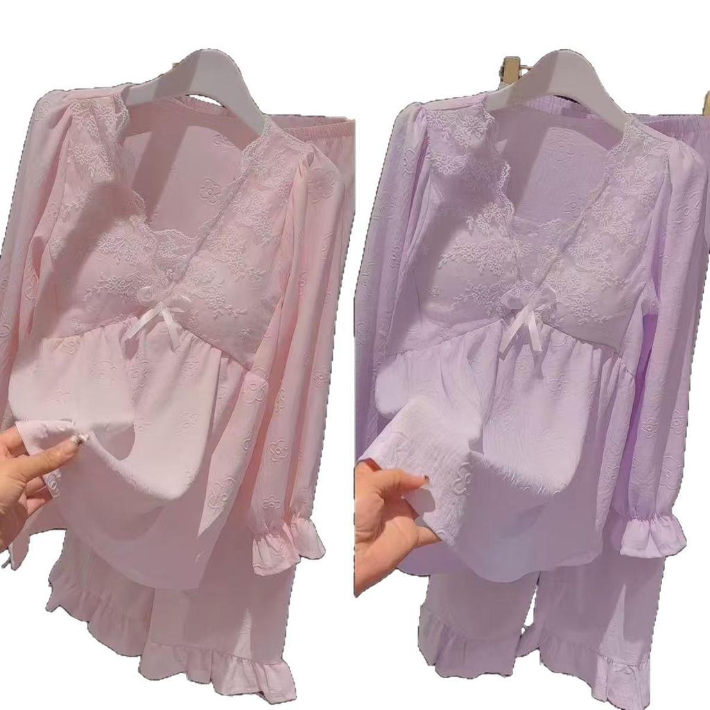 Women's Cloud Cotton Sexy Pajamas with Chest Pads - One-Piece, Anti-Protrusion, Autumn/Winter