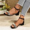 Large size one-word belt fashion thick low-heeled sandals women's summer new style pearl sandals