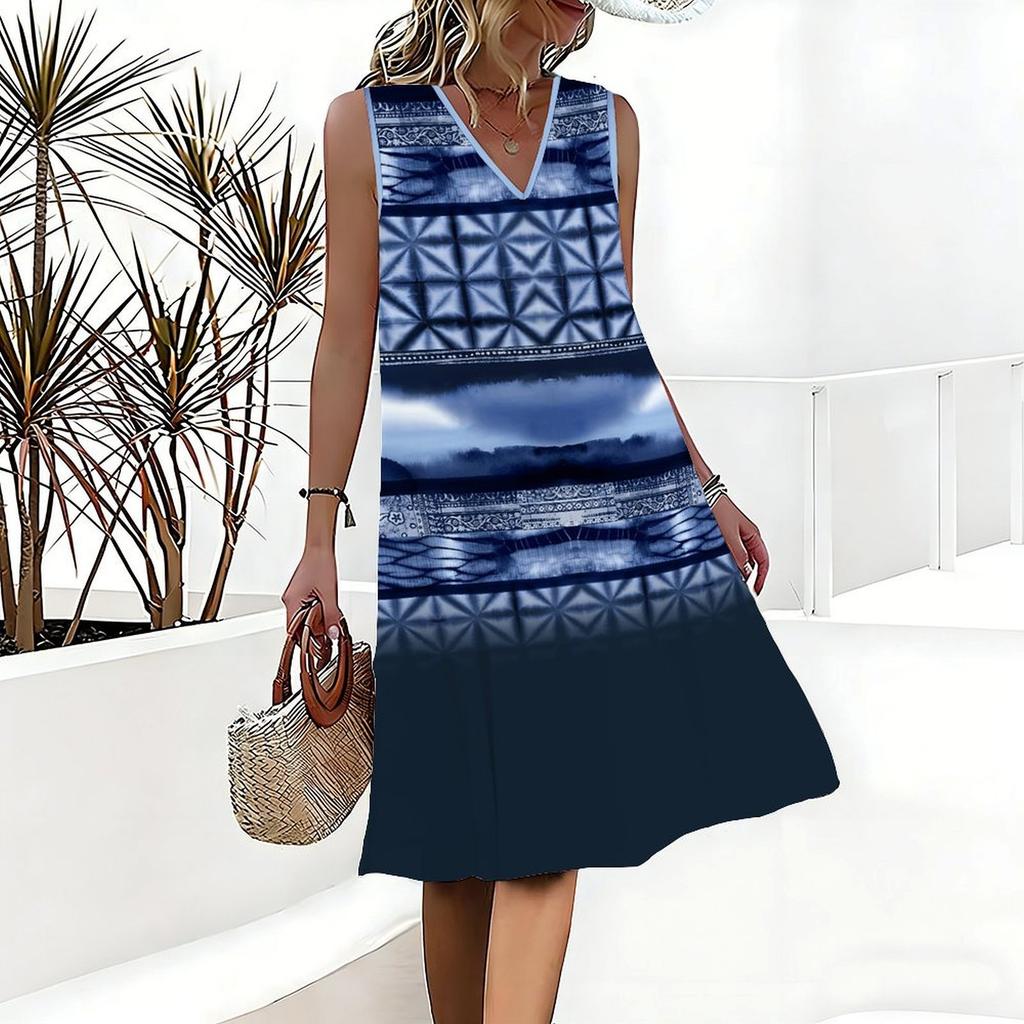 Plus Size V Neck Sleeveless Lush Bamboo Valley Stream Scenery Print For Outdoor Summer Wear