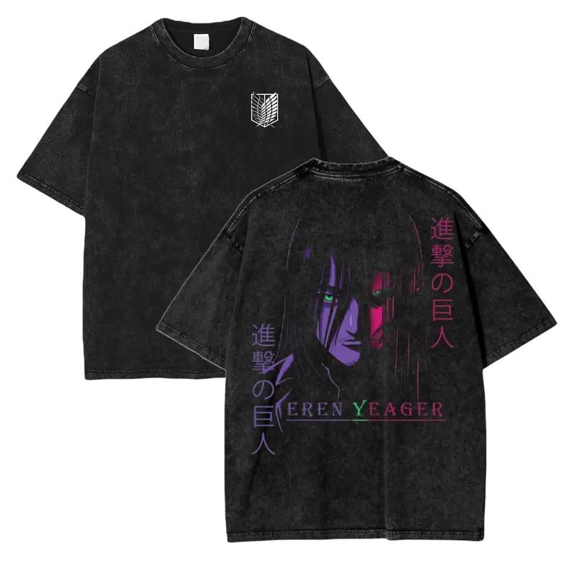 Eren Jaeger Printed Tee Anime Attack On Titan Clothing Men Women Retro Washed T-shirts Short Sleeve Tshirt Harajuku Male T Shirt