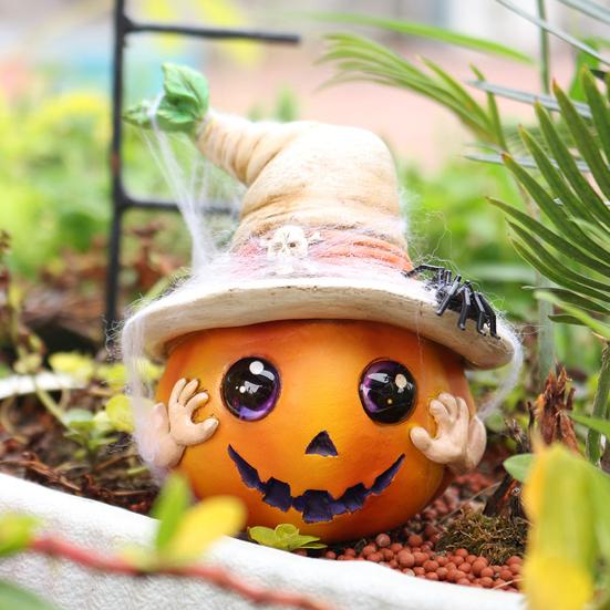 Halloween Pumpkin Ornament Spooky Resin Pumpkin Statue with Hat Spider Skull for Halloween Home Tabletop Decor