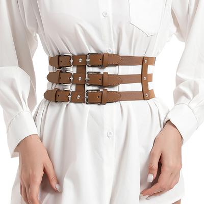 New Three-row Buckle Wide Waistband Punk Style Versatile Dark European and American Style Women's Belt