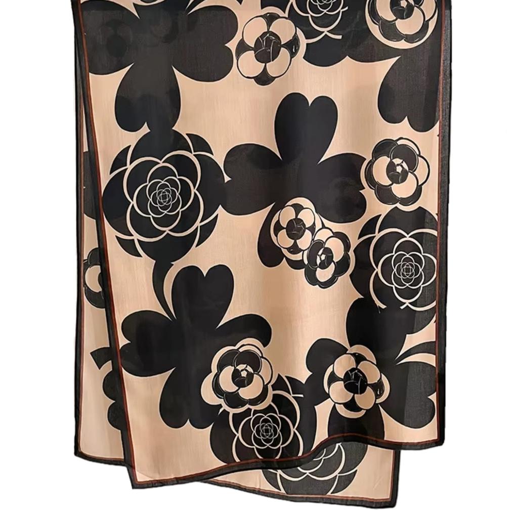 Beige and Black Shawl with Large Flowers - 100% Viscose, 178X66