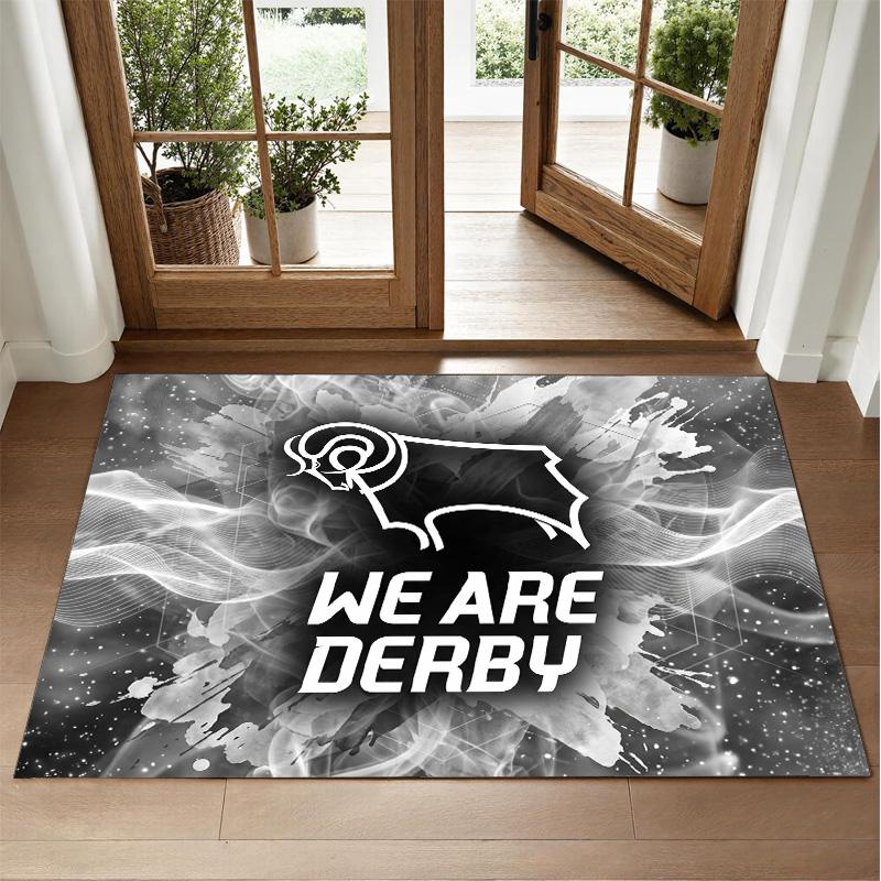 Derby County Football Design Crystal Velvet Rug Soft Decorative Mat for Bedroom Entrance