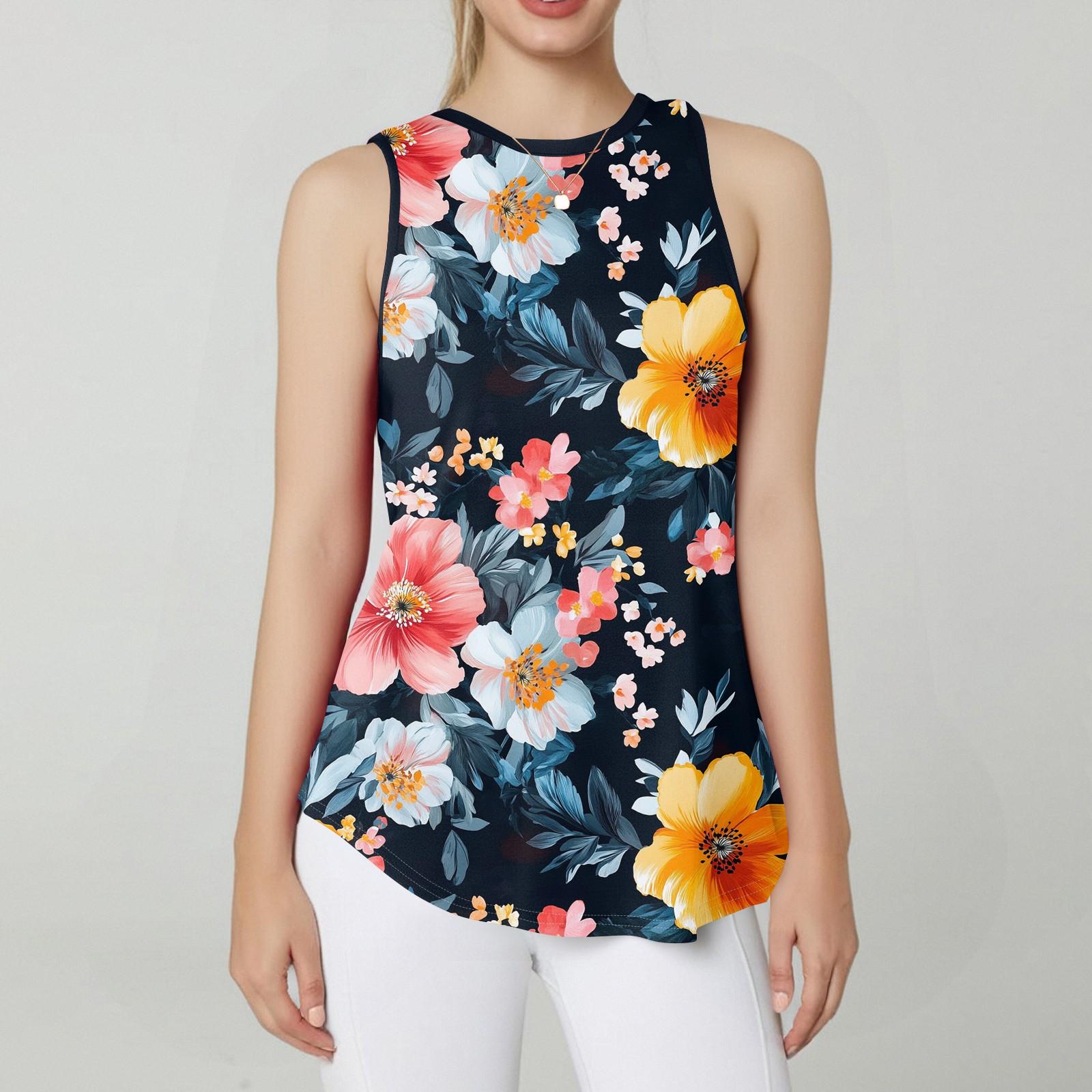 

Женская круглая горловина с ретро-цветочным принтом жилет универсальный свободный подол без рукавов футболка топ L чёрный