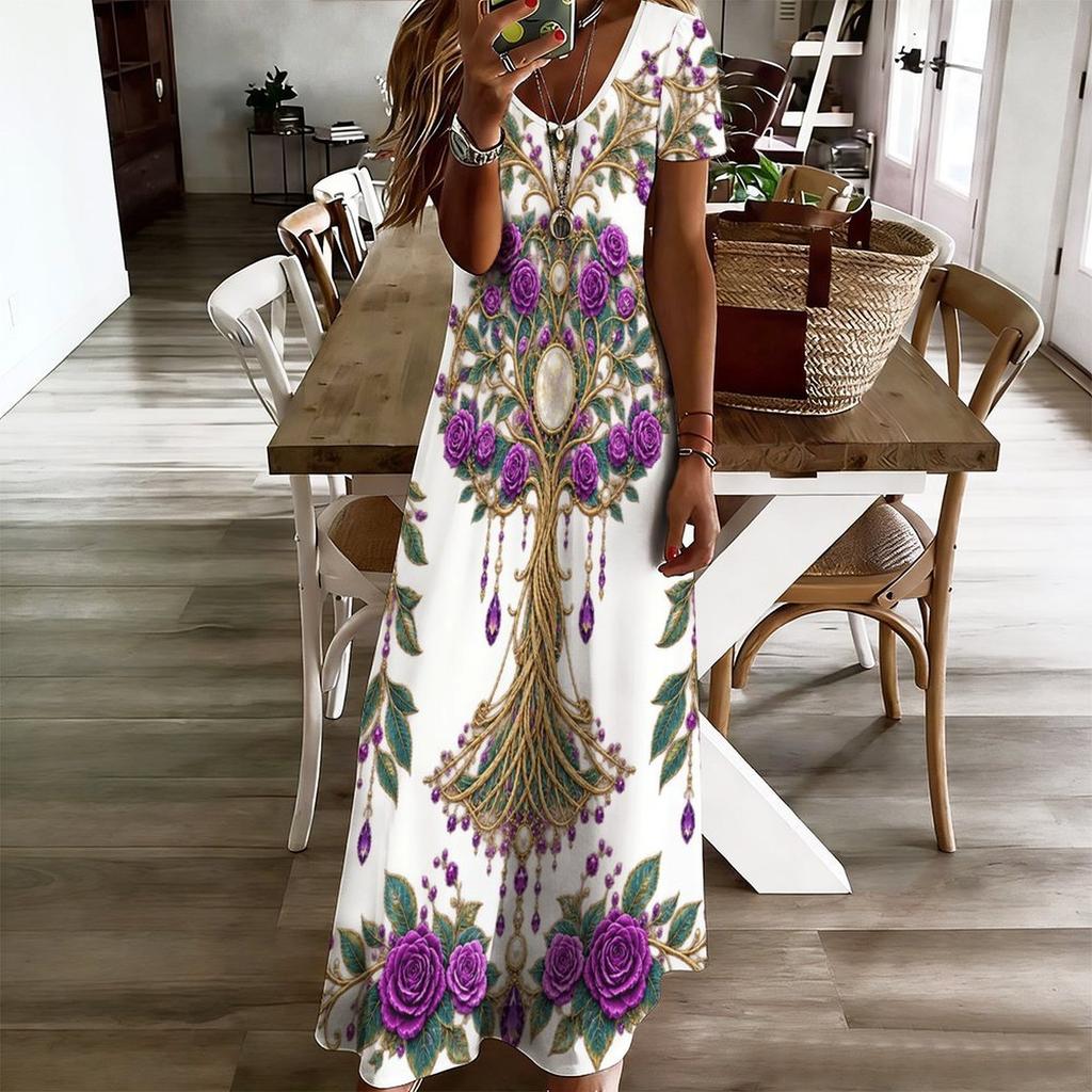 Women Plus Size V Neck Short Sleeve Black Gold Printed Straight Long Dress