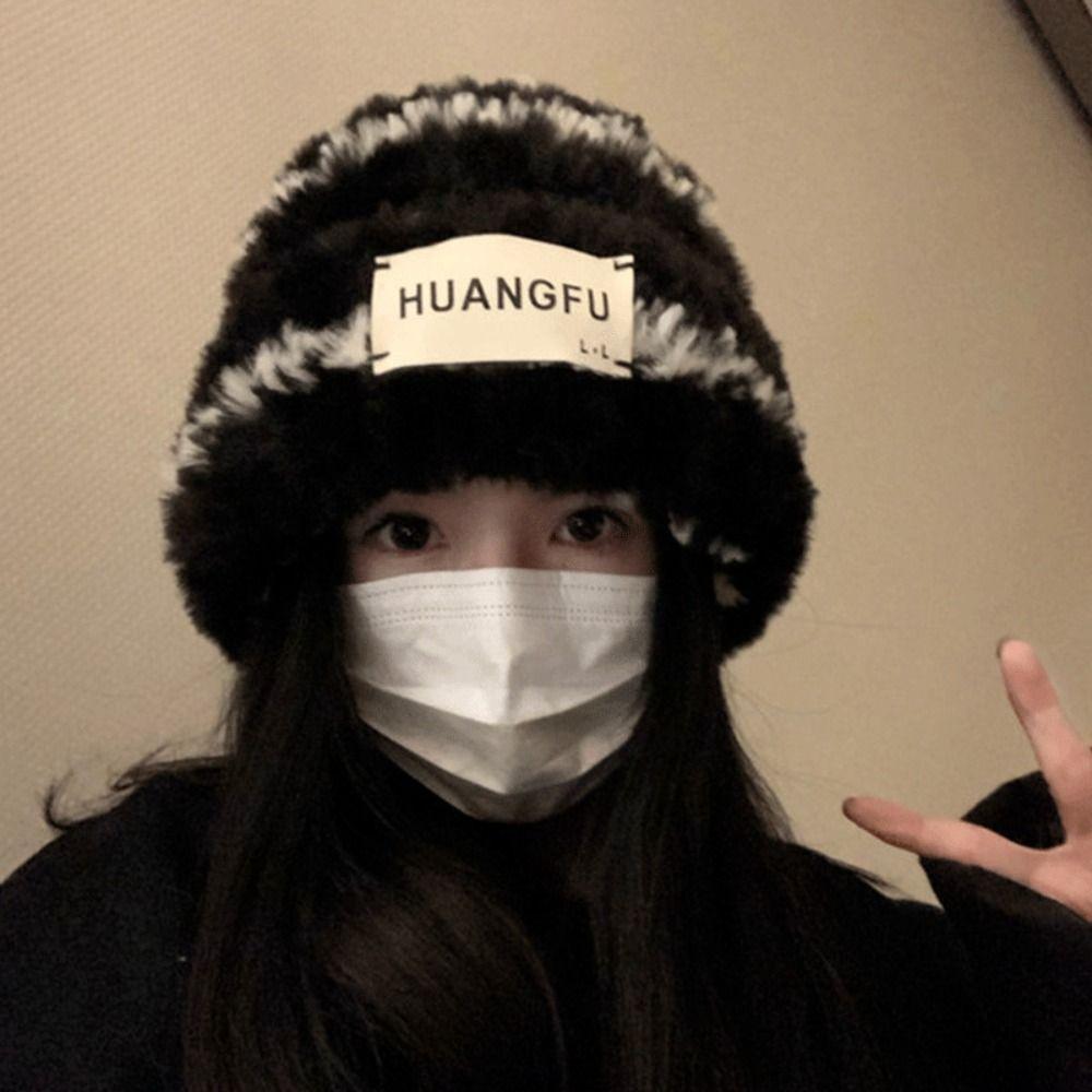 Warm Plush Pullover Hat Plush Winter Cap Fashion Stripe Hat  Safety Helmet