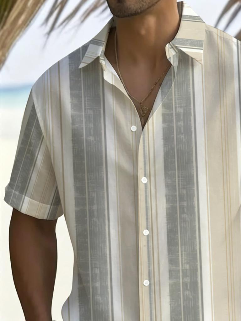 Men'S Striped Plus Size Short-Sleeved Shirt, Summer Casual And Breathable Top, Beach Vacation Outfit, Easy And Versatile Style