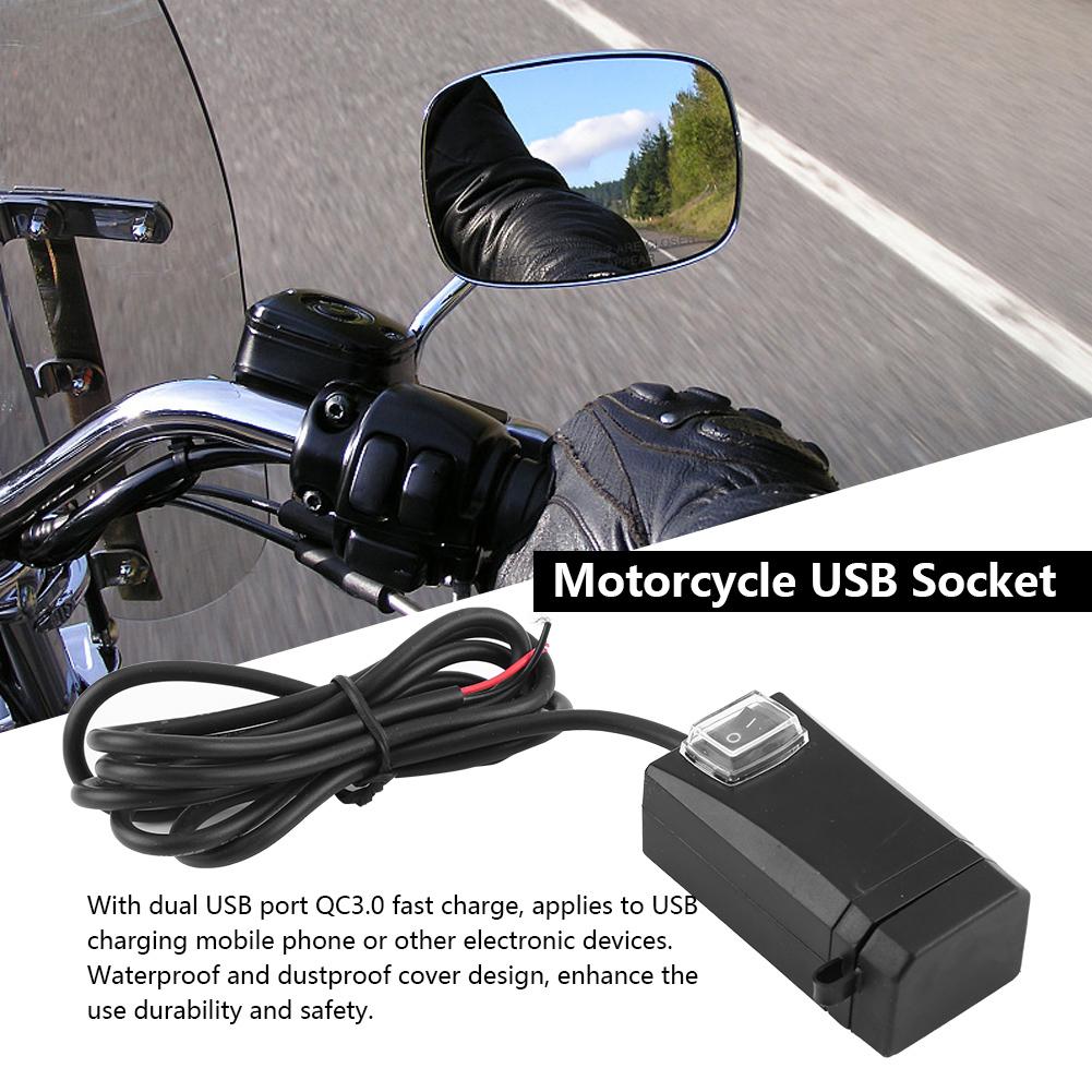 12 24V Universal Motorcycle Mobile Phone Charger with Switch Dual USB QC3.0 Fast Charge