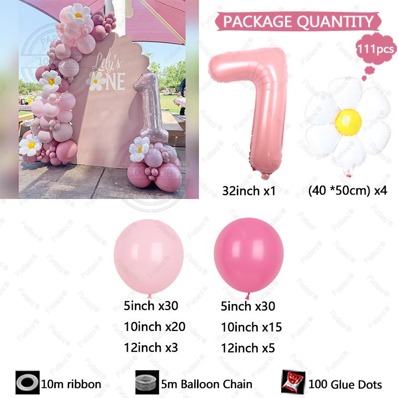 111pcs Daisy Flower Theme Party Decoration Pink Numbers 1-9 Birthday Balloon Set Baby Shower Photography Props Festival Supplies