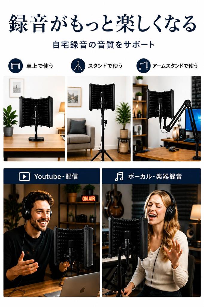 On Booth Reflection Filter Microphone Noise Reduction Sound Absorption Echo Reduction Foldable for Streaming and Home Recording