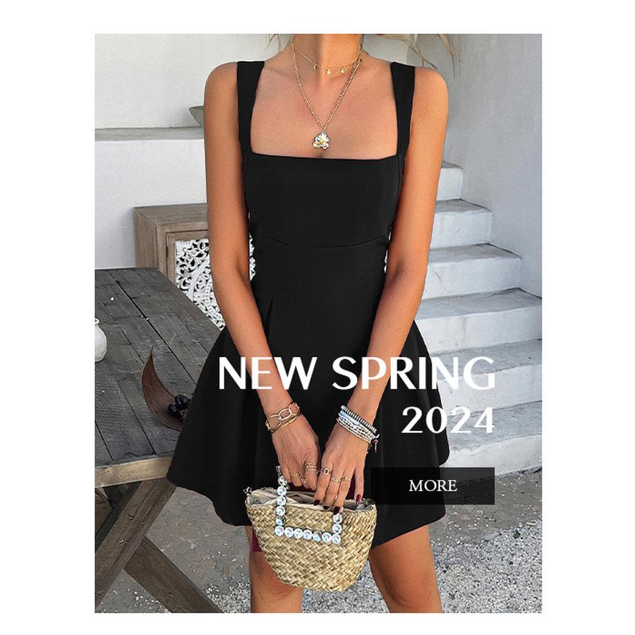 Spring/Summer New Style Solid Color Dress Elegant Wind Pure Color Foreign Trade Strappy Mini Skirt Women's Clothing