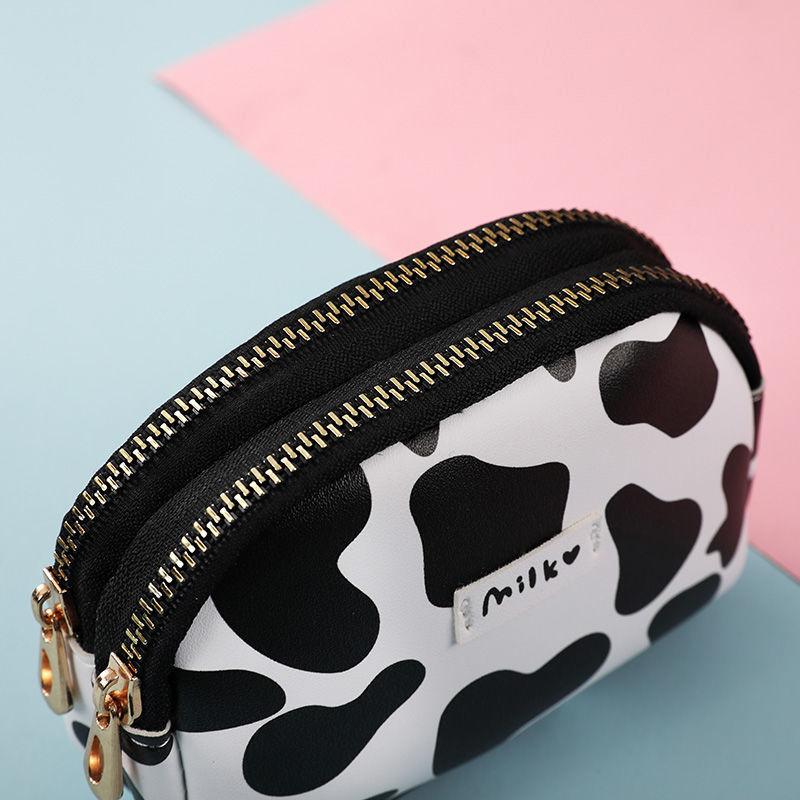 Cute Cow Pattern Coin Purse for Women Card Wallet Students Double Pocket Zipper Key Bag Portable Lipstick Bank Card Bag
