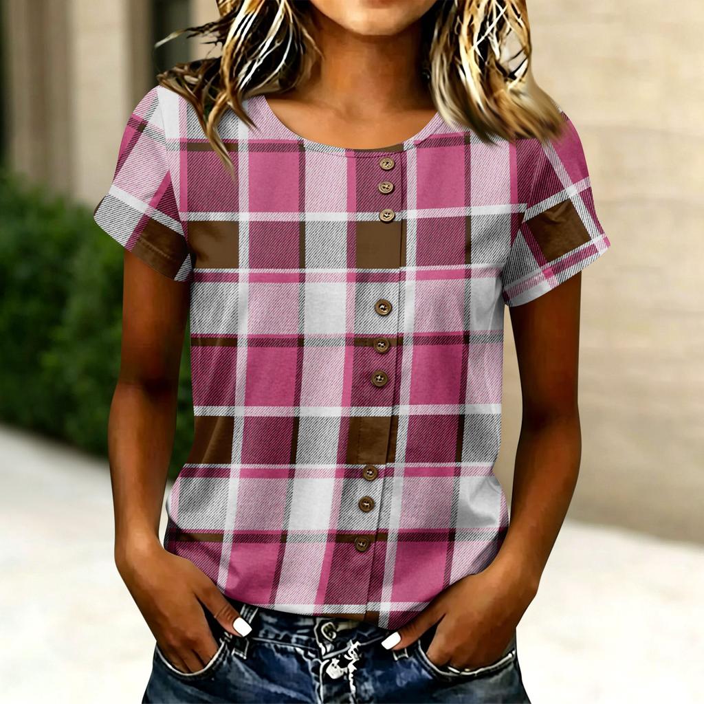 Women’s Casual Plaid Crew Neck Short Sleeve T Shirt Button Front Loose Fit Lightweight Pullover Top for Daily Wear