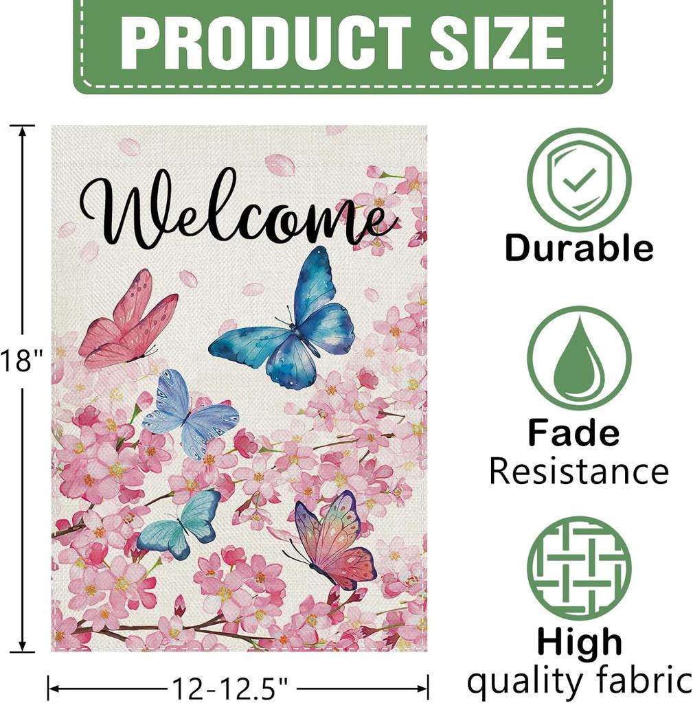 Dyrenson Welcome Spring Butterfly Floral Decorative Garden Flag, Pink Cherry Blossom Flower Yard Outside Home Decoration, Su