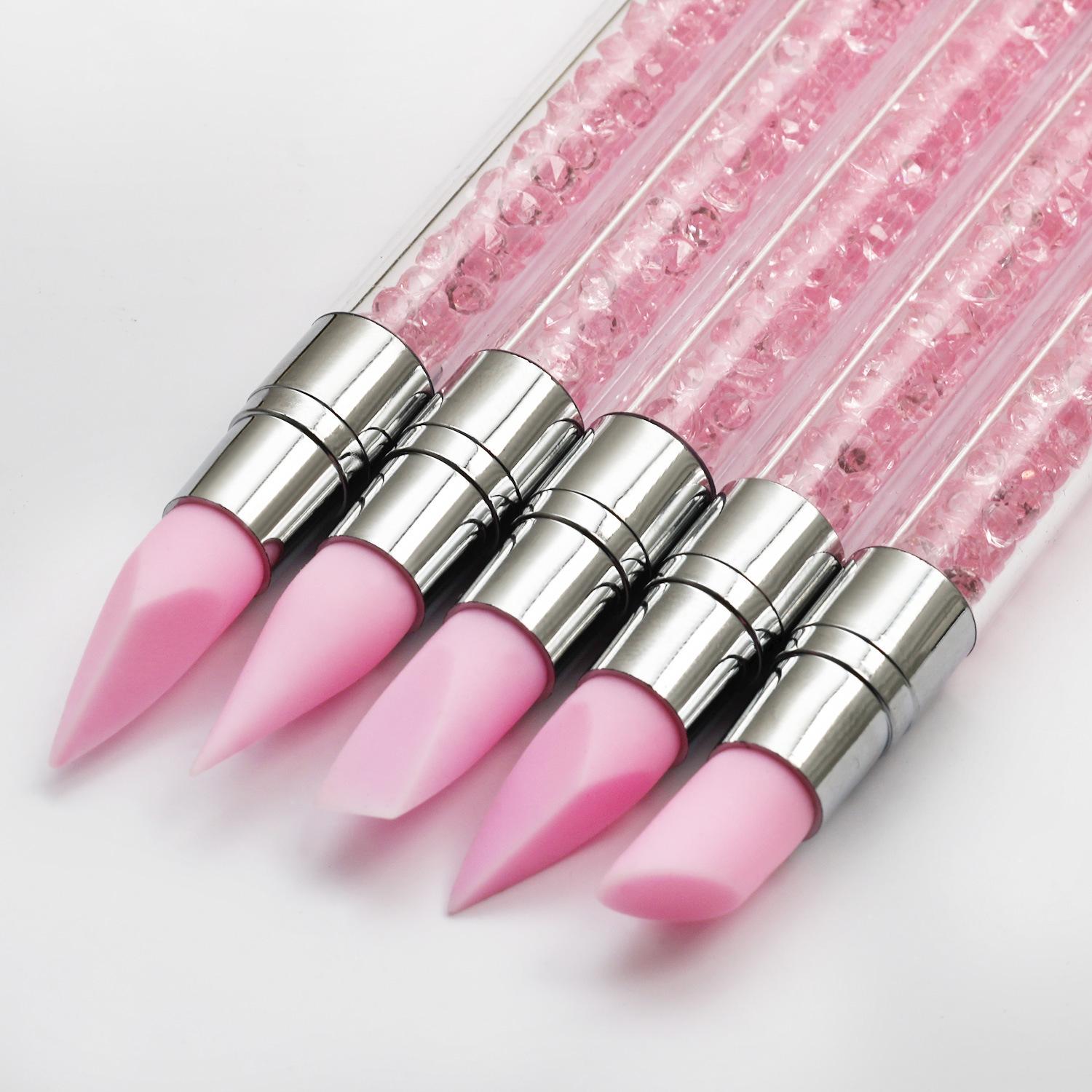 5-Piece Nail Art Tool Set: Double-Ended Silicone Pen for Carving, Embossing & Smudging with Rhinestone Handle