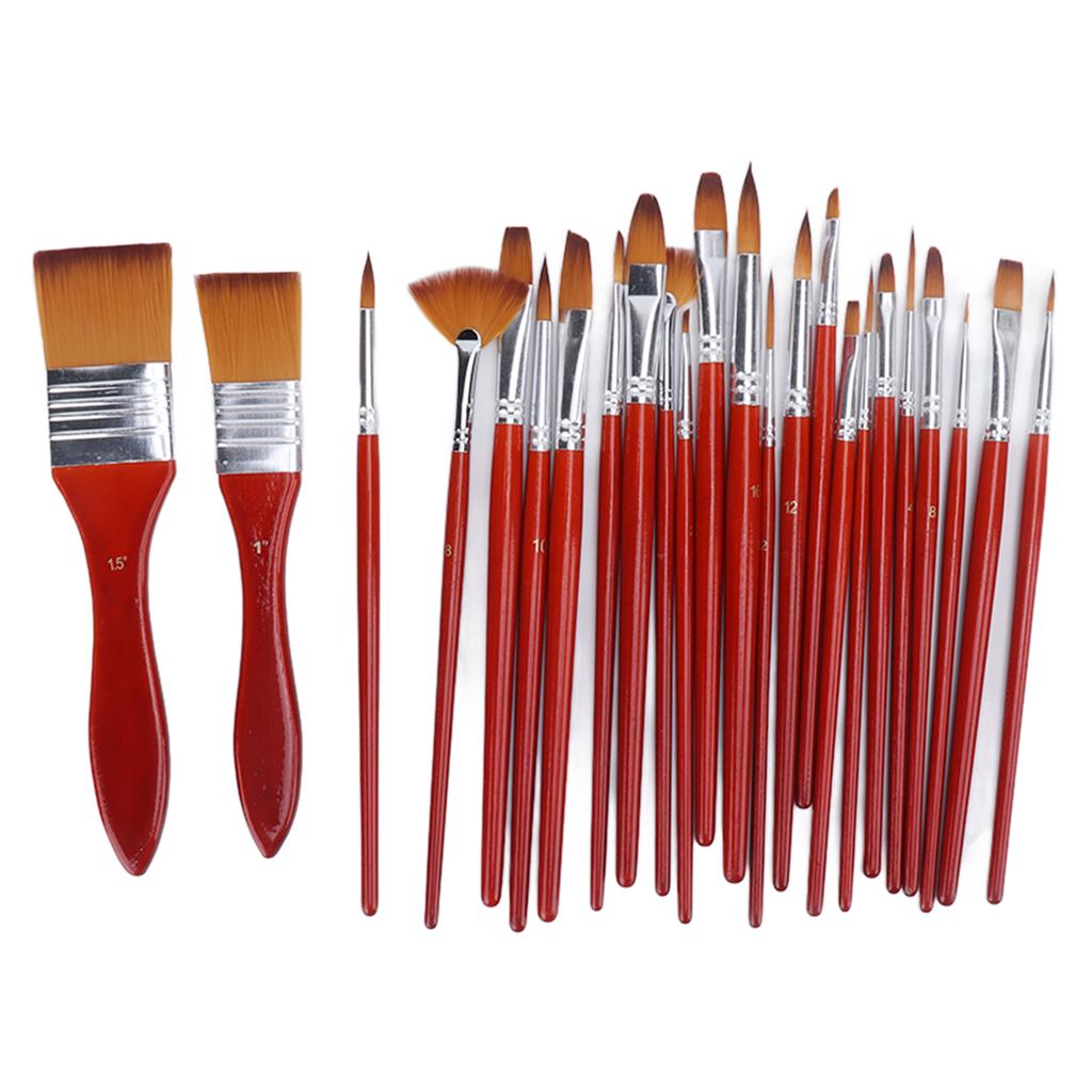 24Pcs Painting Brushes Artist Set Nylon Hair Wood Handle Watercolor Acrylic Oil Art Supplies