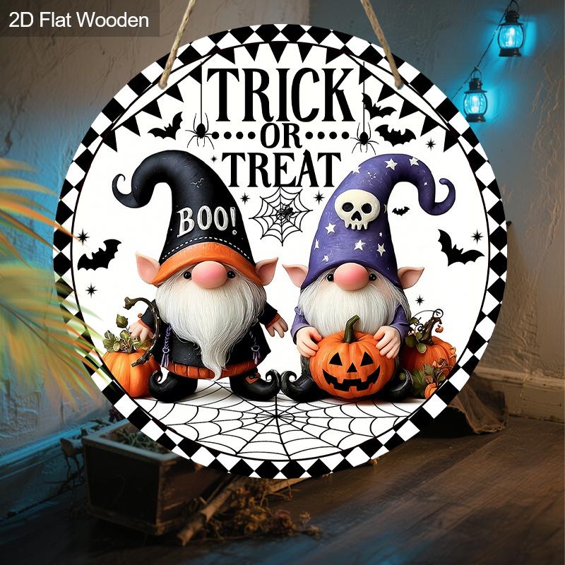 Cartoon Style Wooden Halloween Sign with Adorable Gnomes Pattern - Trick or Treat Figurine Ornaments - Ideal for Front Door, Wall, Room Decor