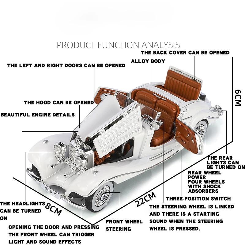 1/24 Mercedes Benz 1936 500K Classic Vintage Alloy Diecast Car Model Sound Car