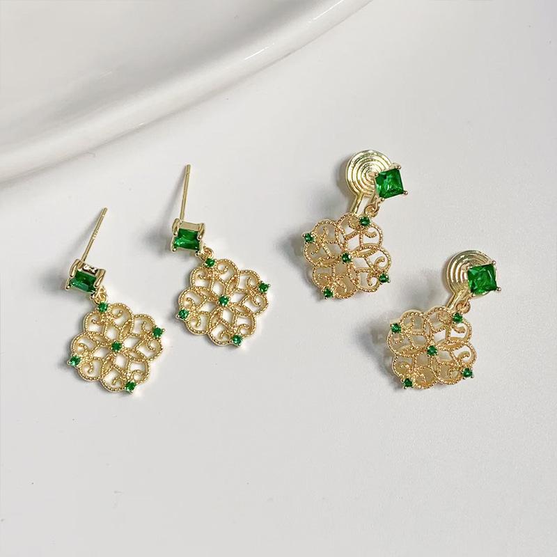 

Китайская клипса для ушей с инкрустацией зеленым цирконом - Ретро этнический стиль, серьги без прокола для женщин