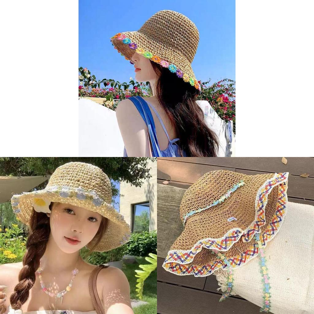 Floral Pattern Wide Brim Straw Hat With Adjustable Fit For Summer Outdoor Wear