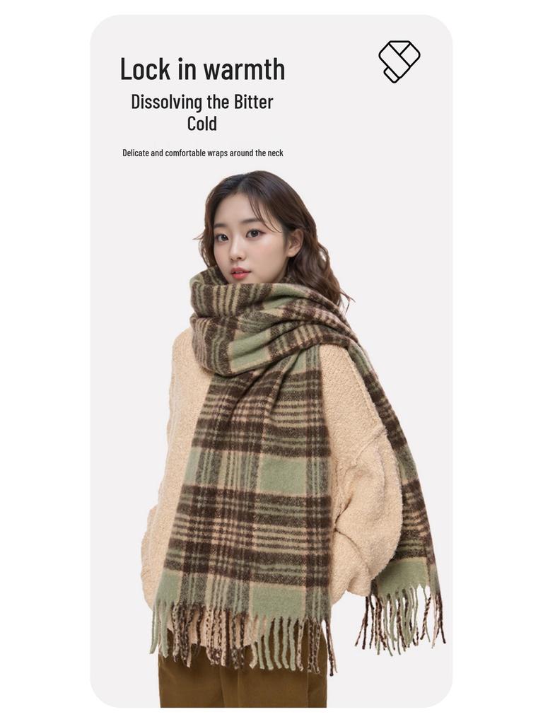 2025 Retro Korean Style Women's Warm Plaid Scarf & Shawl in Brown