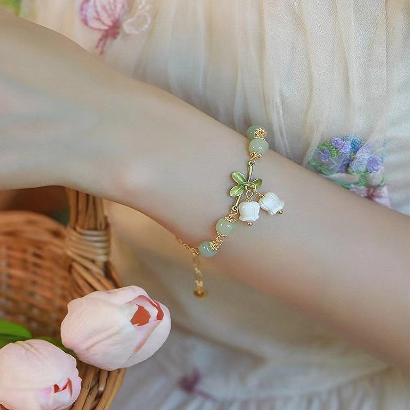 Koreanische Leichte Luxus Opal Tulpenblumen Armbänder Für Frauen Elegantes Zirkon Perlen Rose Verstellbares Charm Armband Modeschmuck