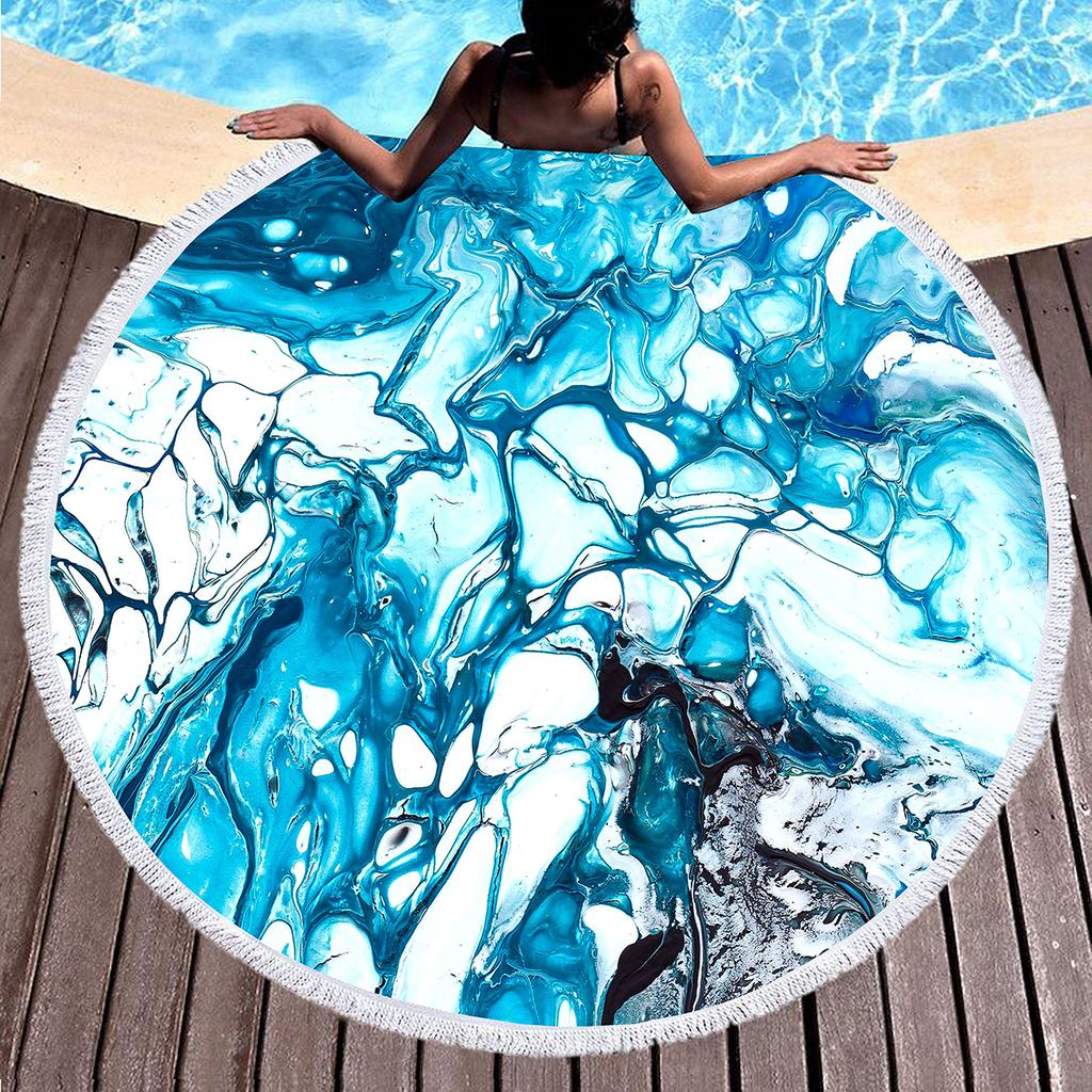 Marble Round Beach Towel with Tassels, Microfiber Quick Dry Beach Blanket Circle Swim Pool Towel Yoga Mat Meditation Picnic Rug