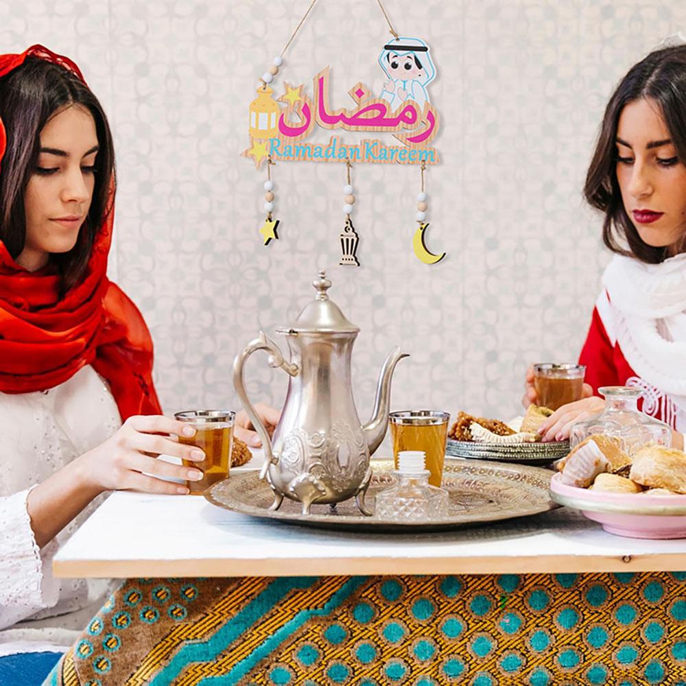 Wooden Letters Eid Mubarak Ornament Moon Castle Stars Door Hanging Pendant Eid Al Adha Gifts Ramadan Decorations for Home