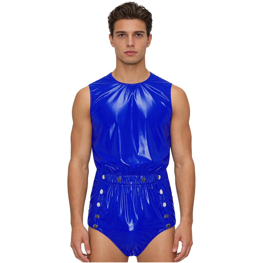 S-3XL Mens Waterproof Bodysuit Openable Crotch with Buttons Sleeveless Back Zipper Elastic Waistband One-piece Romper Jumpsuit for Clubwear Swimming
