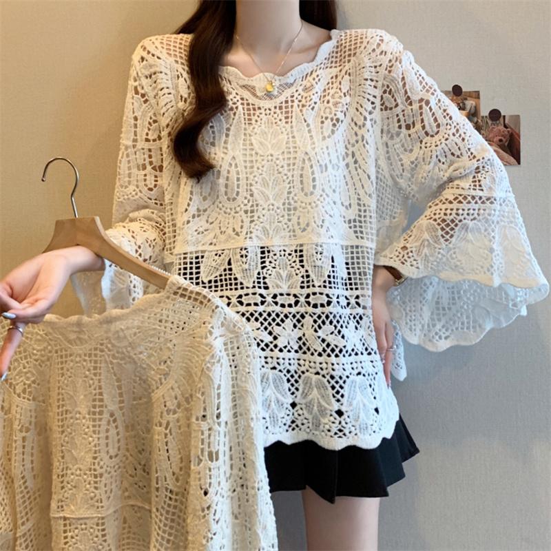 DIMANAF 2025 New Summer Basic Shirt Women Blouse Tops Tees Lace Loose White Short  Tees