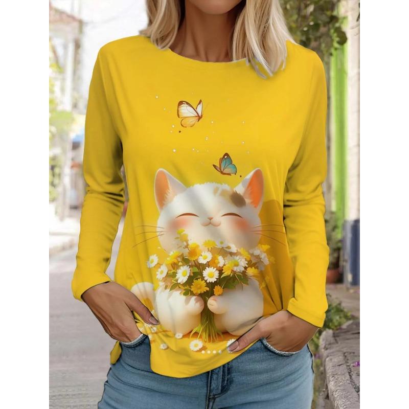 Cute Cat Women's Long Sleeves T-Shirt Round Neck Autumn Animal Clothing Holiday Fashion Party Top