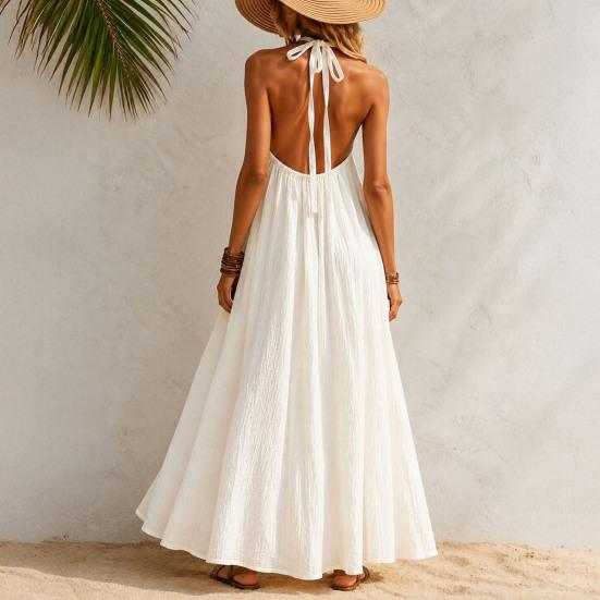 Rochie Maxi de Vară din In pentru Femei cu Gât Halter, Fără Mâneci, Linie A, Largă, Casual, Lungă, Rochie de Soare Floare pentru Plajă
