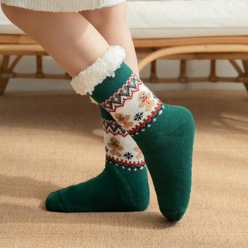 Winter Christmas Themed Women Lamb Fleece Floor Socks, Adult Non-Slip Indoor Snow Socks for Home Carpet