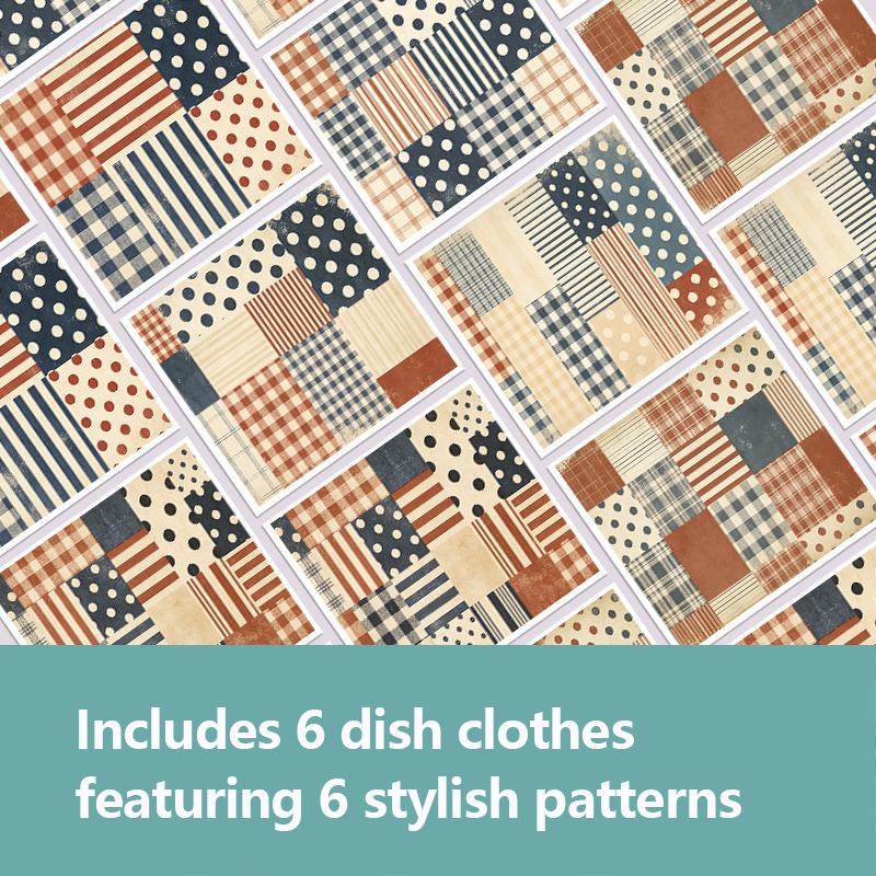 6PCS Cleaning Dishcloths Reusable Kitchen Dish Towels Grid Stripe Pattern Dishcloth Absorbent Lint Free Cloth Washable Duster Rags Tea Towels