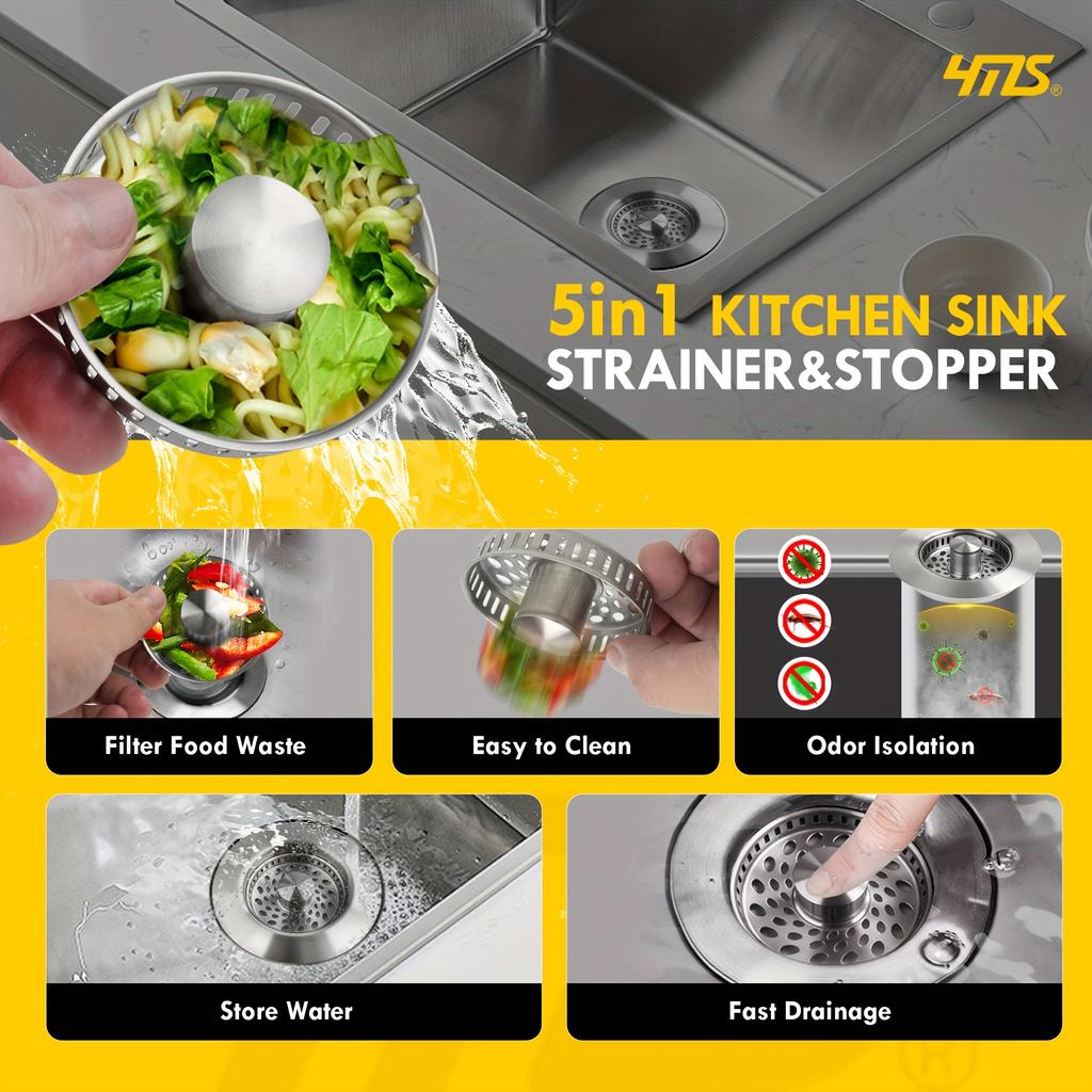 5-in-1 Stainless Steel Sink Aid - Pop-Up Drain Stopper, Food Catcher & Odor Filter with Drain Basket, Rust-Resistant Kitchen Sink Strainer