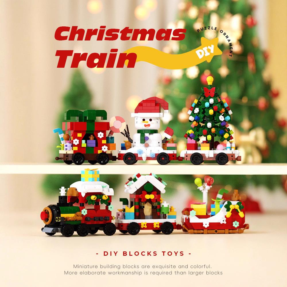 Non-Toxic New Christmas Mini Building Block Santa Claus Train Model Building Block Diy Ornaments Bricks Toys For Children Adult Gift