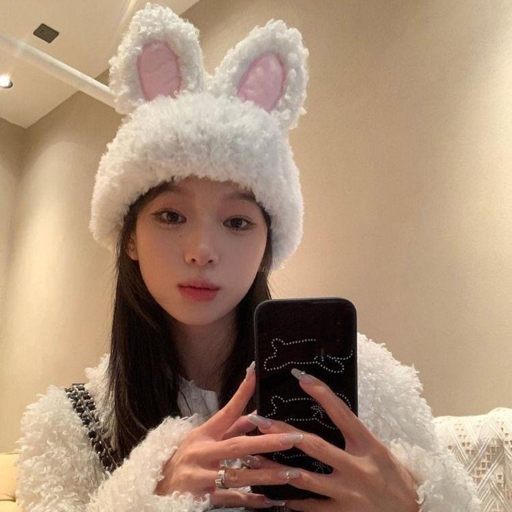 Fluffy Rabbit Ear Beanies Solid Color Winter Outdoor Warm Cap Knitted Plush Hat  Outdoor Activities