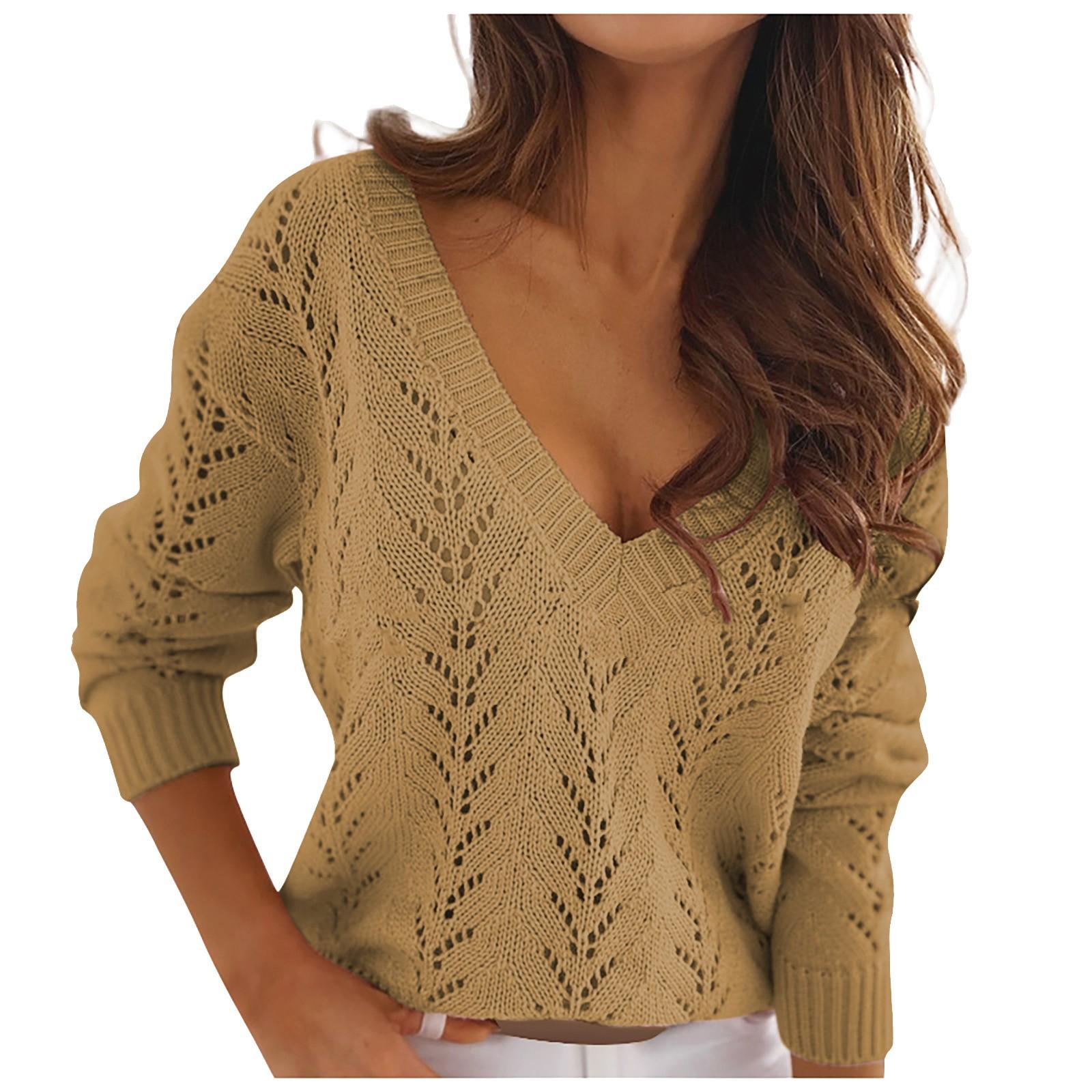 

Women s And Winter Fashion Solid Color Hollow V-Neck Long Sleeve Knit Sweater XL хаки