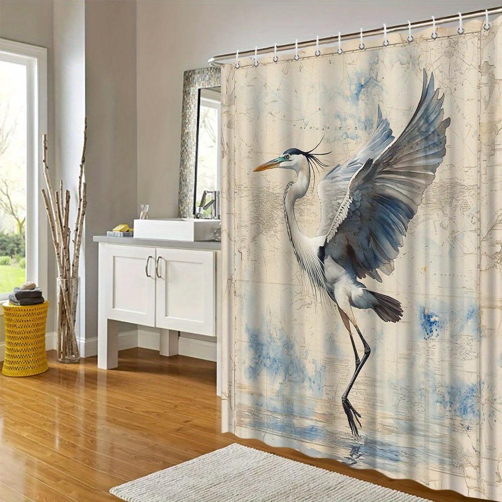 1Pc Artistic Great Blue Heron Shower Curtain With Vintage Map Background - Polyester Fabric, 12 Hooks, 70X70 Inches, Watercolor