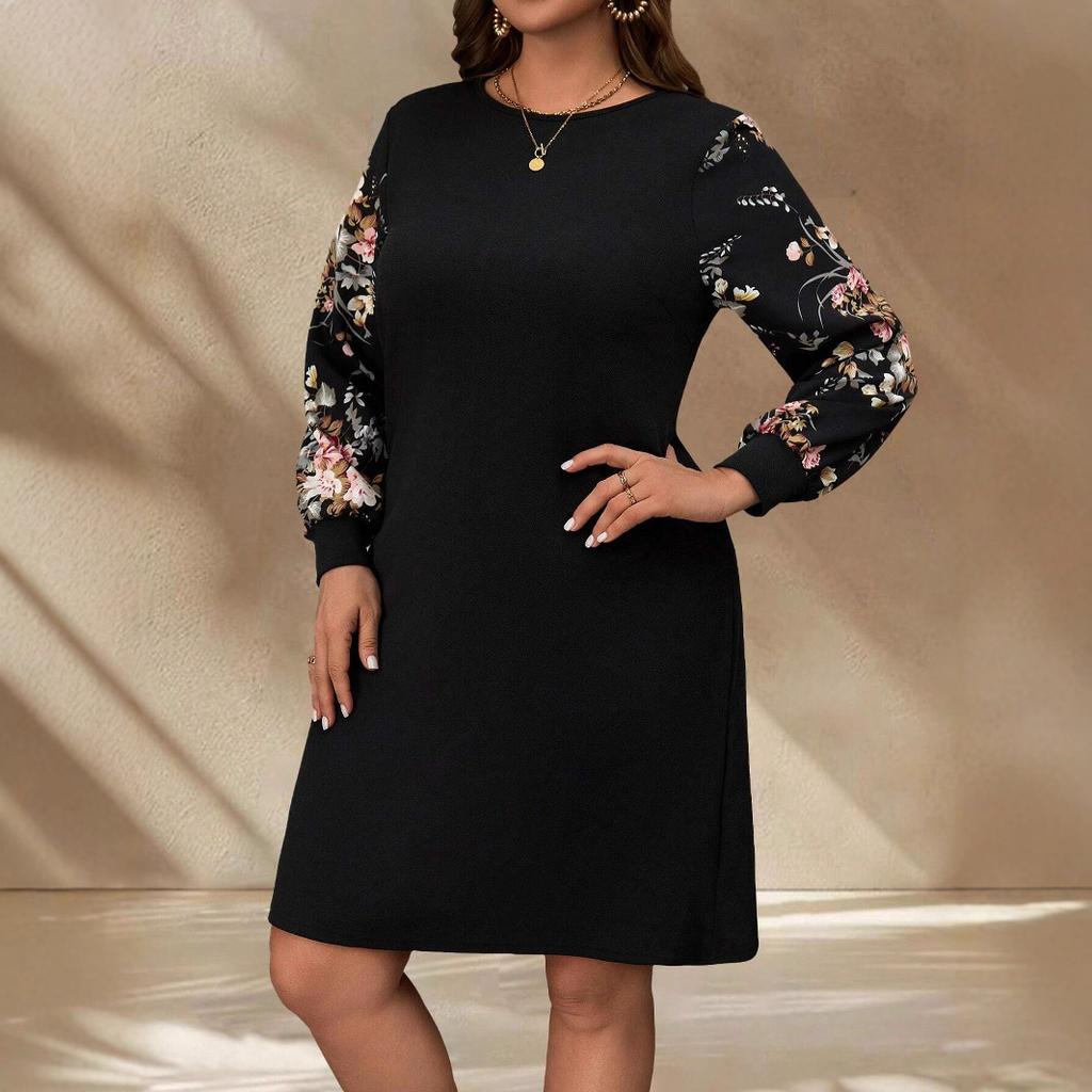 Dress, Women, Autumn and Winter, Plus Size, Round Neck, Long Sleeves, Printed Clothes, New Style, Casual Women's Clothing, Short Skirt