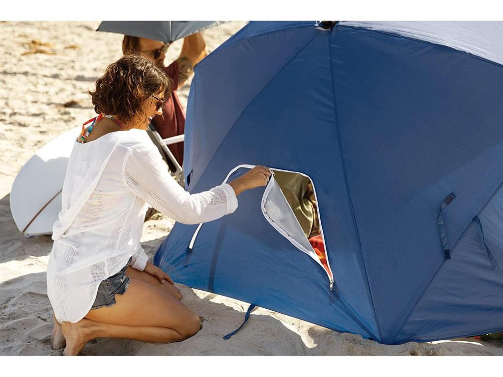 2.4m Dual-Use Outdoor Umbrella Tent with Mesh Window, Portable Beach & Fishing Shelter, Silver-Coated for Sun Protection