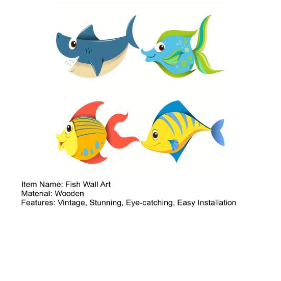 4 Pcs Wood Fish Nautical Wall Decor, Ocean Fish Shark Rustic Hanging Beach Decor, Cartoon Coastal Wall Art for Living Room, Nursery