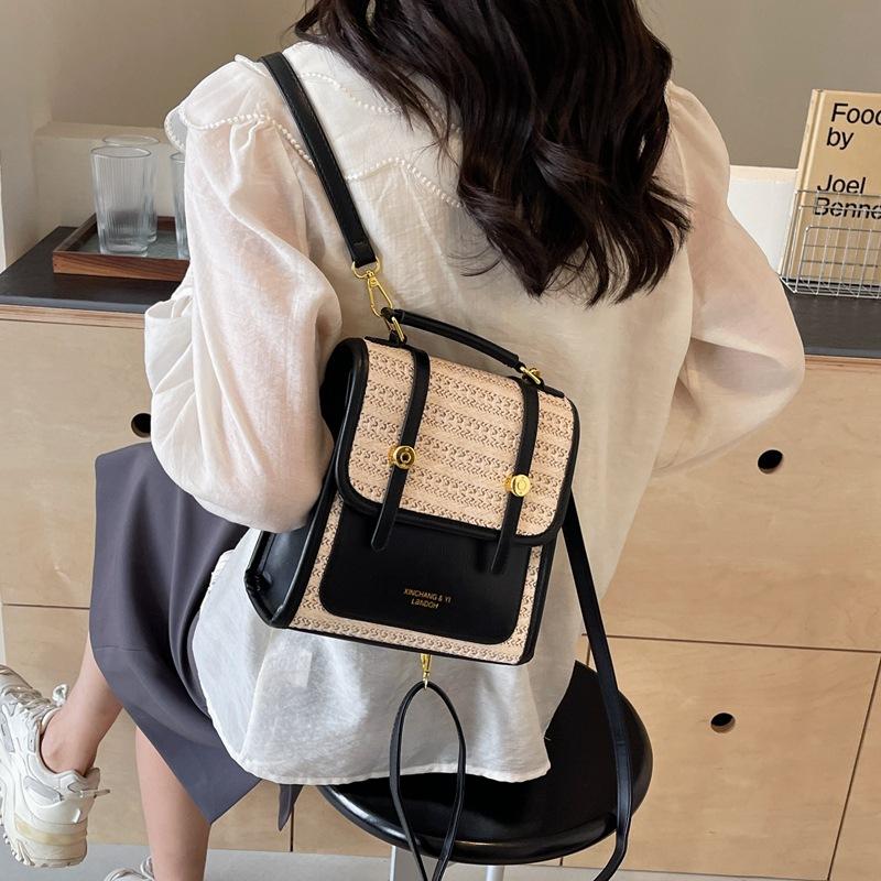 Woven Double Backpack Women's 2025 Spring New Shoulder College Style Niche Retro Handbag