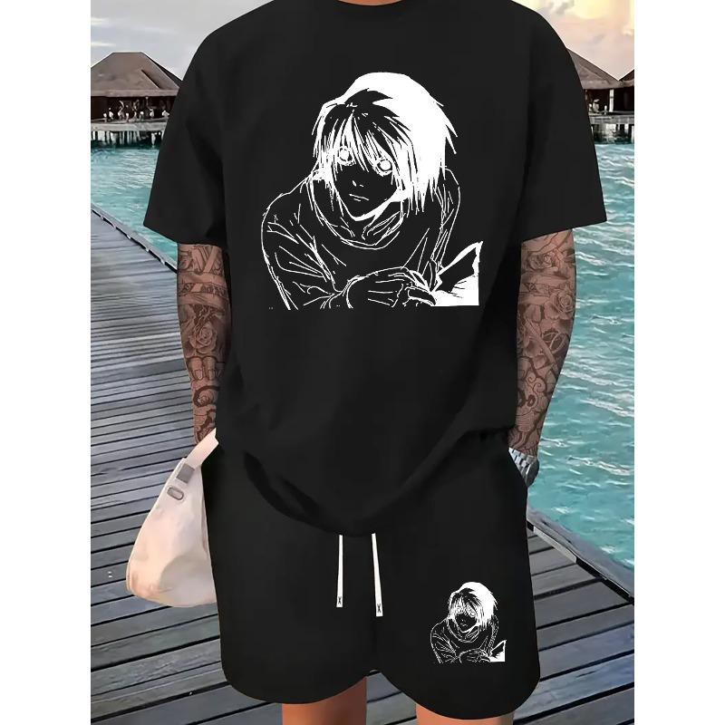 

European Size Anime Boy Print Men S Short-Sleeve T-Shirt and Waistband Casual Sports Regular Top and Pants , Suitable for Spring and Summer Matchin 4XL чорний