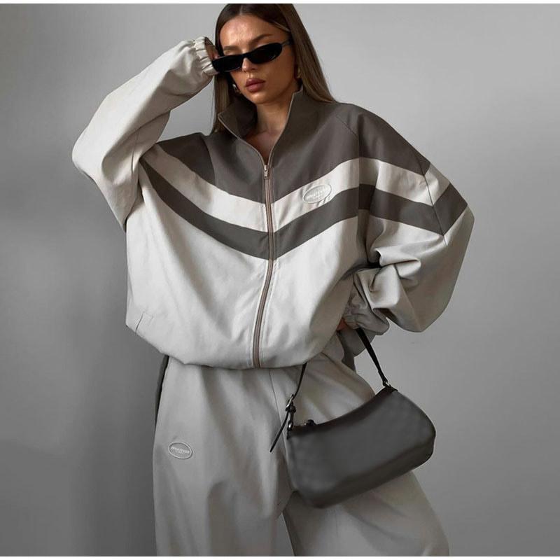 Zestaw dwuczęściowy Jumper na wiosnę i jesień Damska kurtka z długim rękawem i zamkiem błyskawicznym + Spodnie sportowe w stylu hip-hop z naszywkami Luźny damski strój