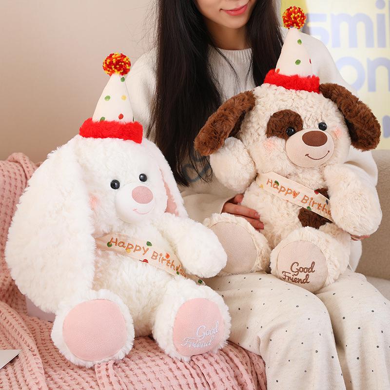 Birthday Hat Dog Doll Cute Birthday Bear Bunny Plush Doll Throw Pillow Girl Hug Sleeping Pillow