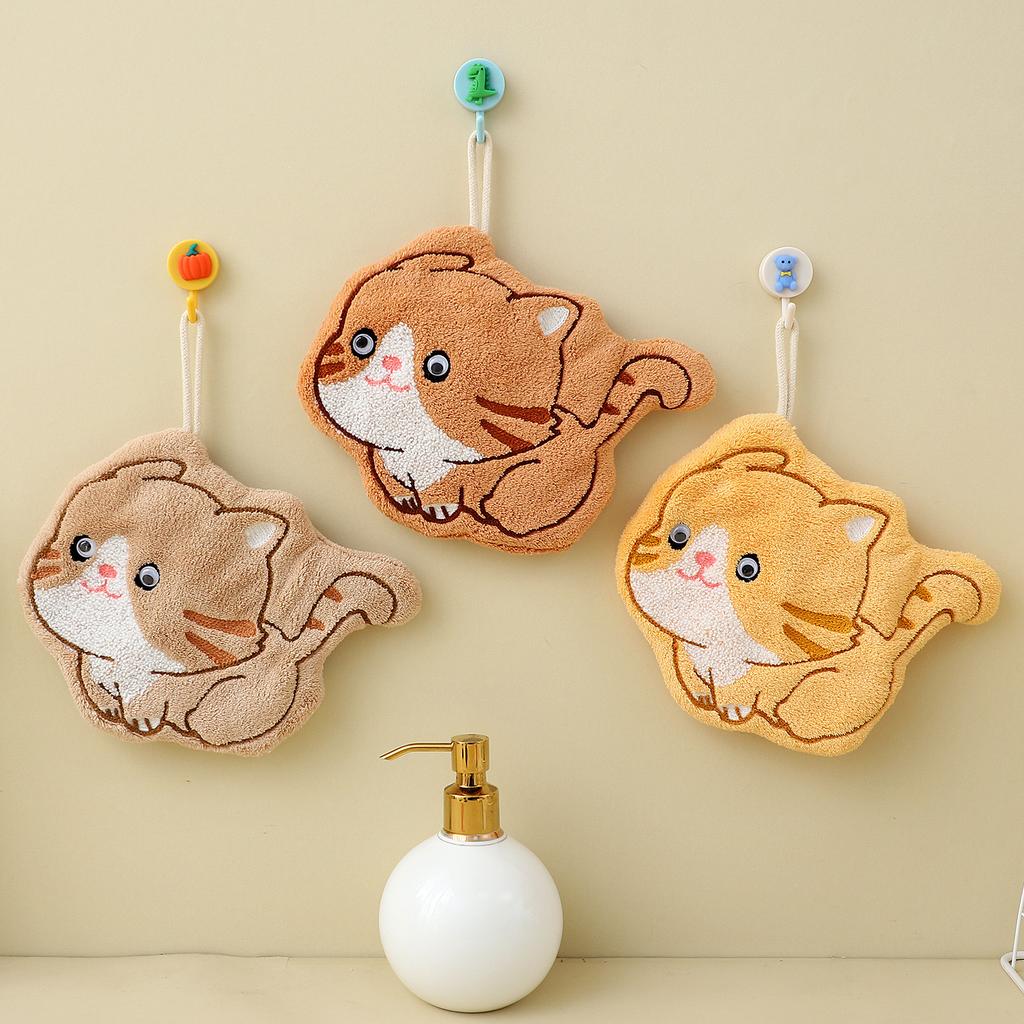 Cute cartoon running kitten hand towel hanging children's handkerchief thickened coral fleece kitchen bathroom hanging