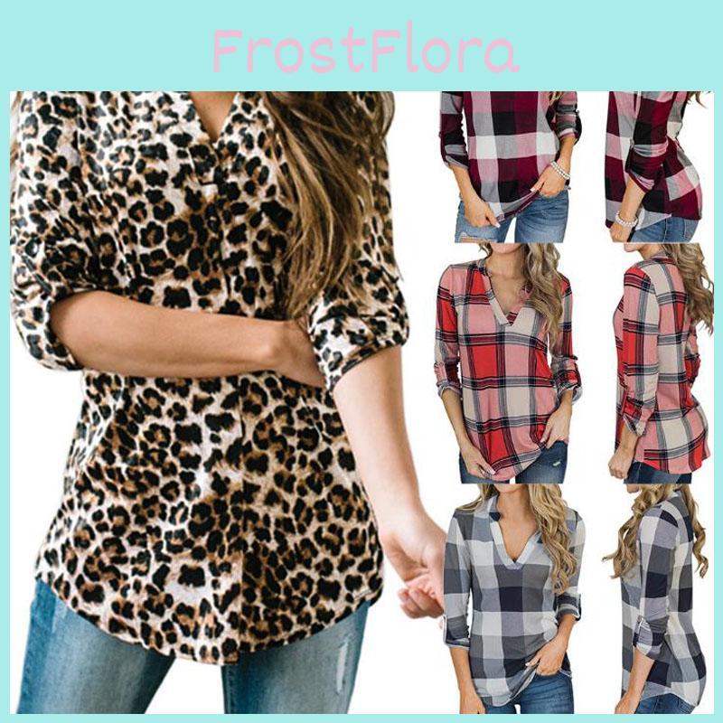 Women Vintage V-neck Loose Tops Long Sleeve Stylish T-shirt With Plaid Casual Design